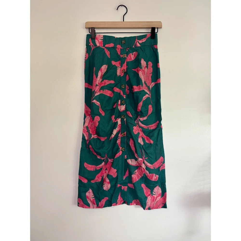 Colleen Lopez XS Skirt Green Pink Leaf Print Button Front Midi Ruched - Picture 2 of 7